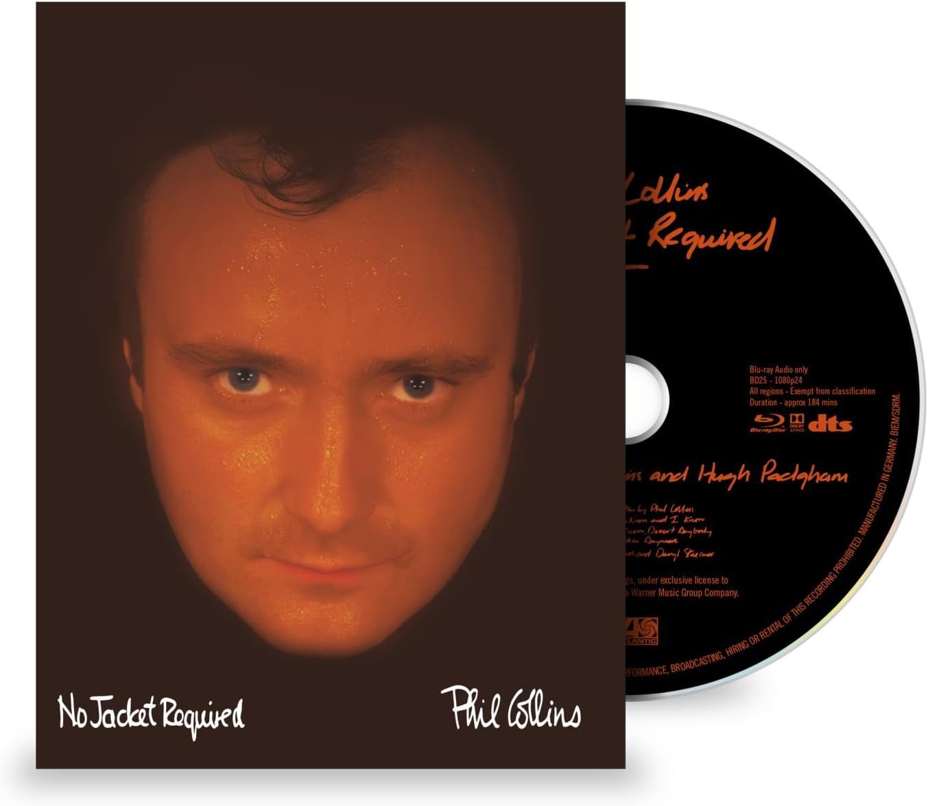 Phil Collins 'No Jacket Required' album cover with a partially visible black CD disc behind it, shown on a plain white background.