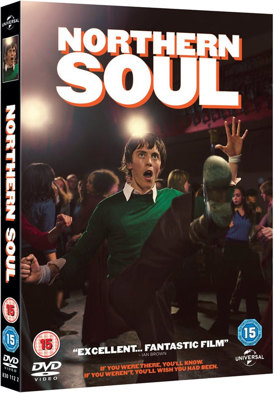 Northern Soul DVD movie cover featuring a dancing crowd scene with the title 'NORTHERN SOUL' in large white letters with orange outline. The spine and front cover are visible, with DVD Video and Universal 2 logos at the bottom.