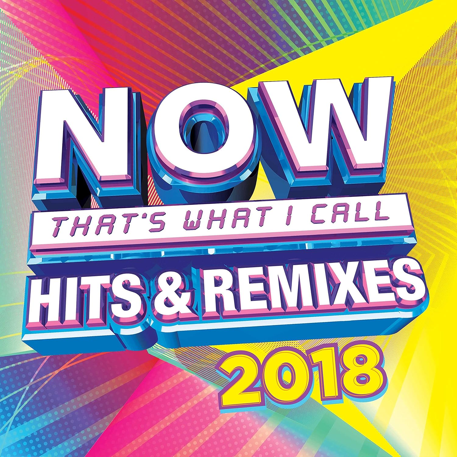 Album cover for 'NOW That's What I Call Hits & Remixes 2018' with colorful design