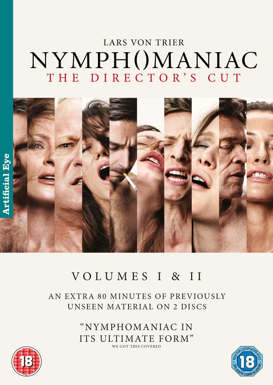 DVD cover for 'Nymph()maniac: The Director's Cut' by Lars von Trier, featuring a collage of multiple cropped faces in warm skin tones, with the title in black and red text on an off-white background and 18 age rating logos at the bottom.