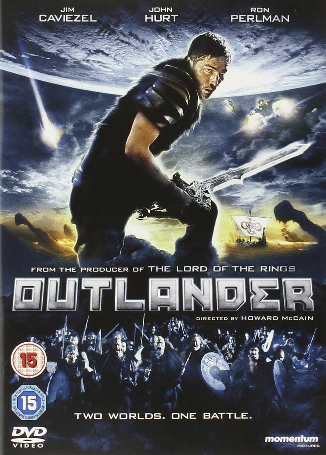 DVD cover for the movie 'Outlander' featuring a man on horseback against a fantasy landscape backdrop with a title and cast list.
