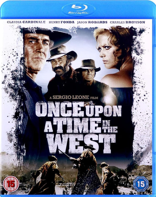 Blu-ray cover of 'Once Upon a Time in the West' with characters and Sergio Leone's name.