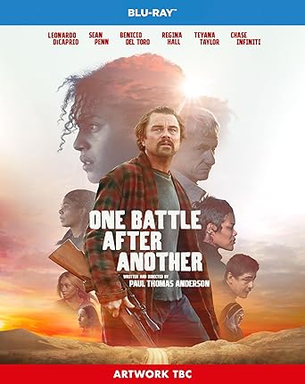 Blu-ray cover of 'One Battle After Another' with characters and text.