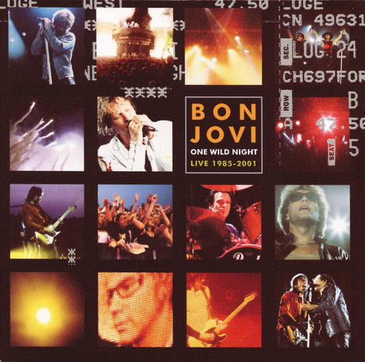 Bon Jovi 'One Wild Night Live 1985-2001' album cover featuring a 4x3 grid collage of live performance photos in warm stage lighting tones, with the band name and title in a central black square.