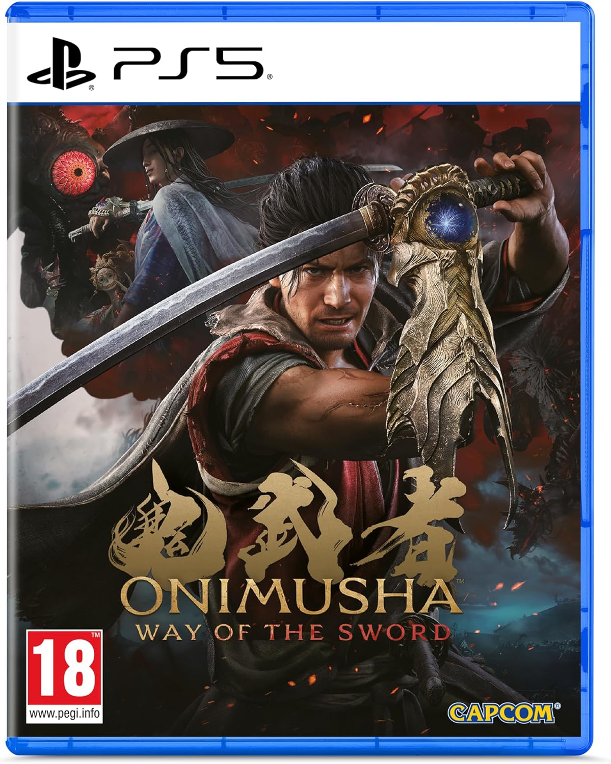 PlayStation 5 game case for 'Onimusha: Way of the Sword' with a warrior holding a sword.