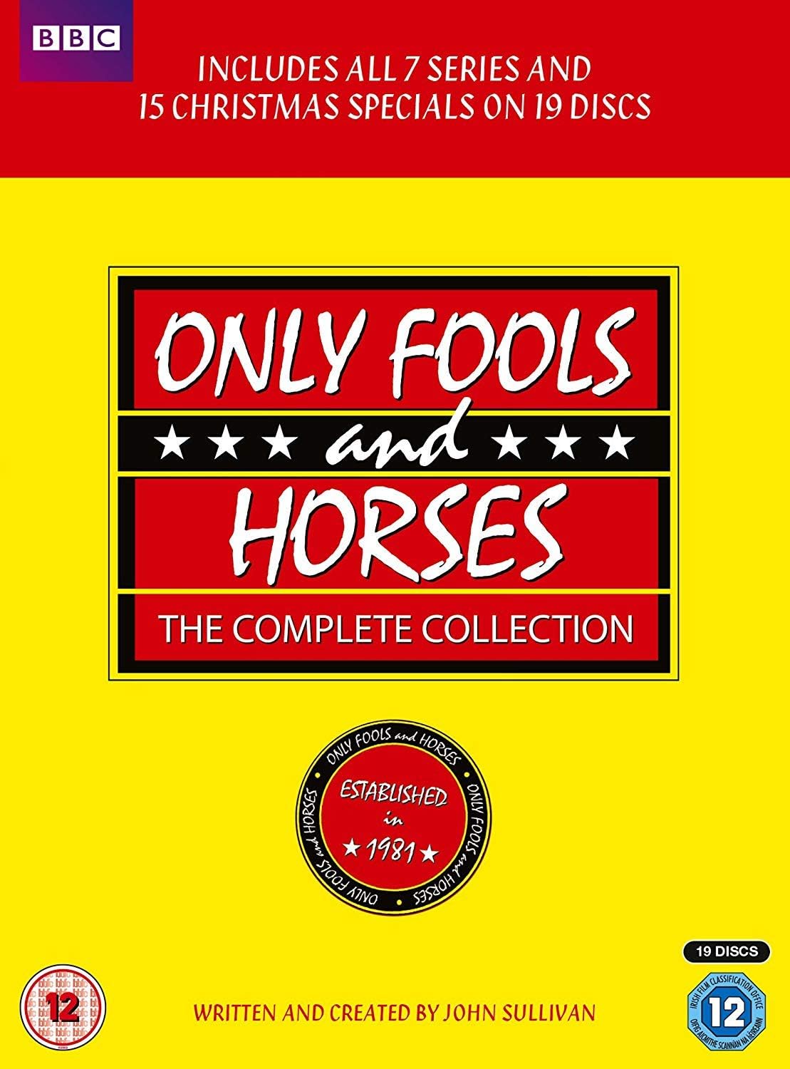 DVD collection cover for 'Only Fools and Horses' complete series on a yellow background with BBC logo.