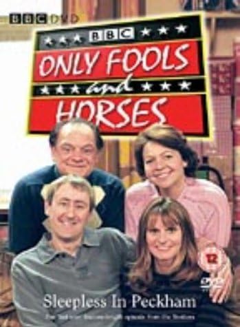 BBC DVD cover for 'Only Fools and Horses: Sleepless in Peckham', featuring the cast members in front of the show's title sign.