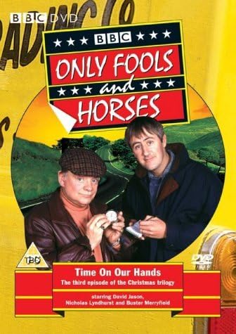 BBC DVD cover for 'Only Fools and Horses: Time On Our Hands', featuring a yellow background, the BBC logo, and a circular photo of two men in front of a green landscape.
