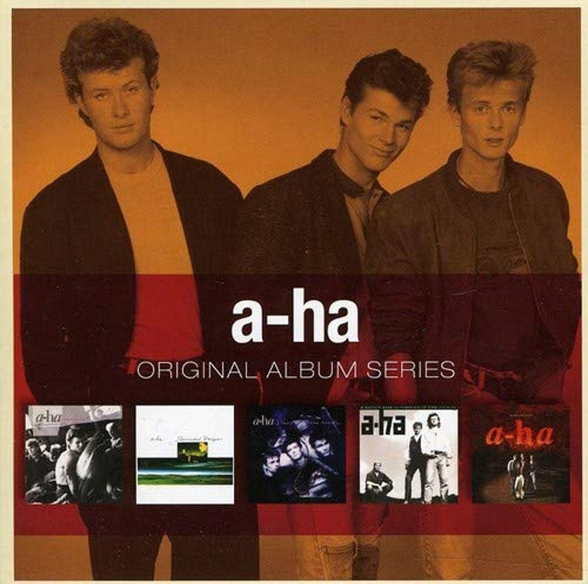 Album cover for 'a-ha Original Album Series' featuring three band members and their album covers.