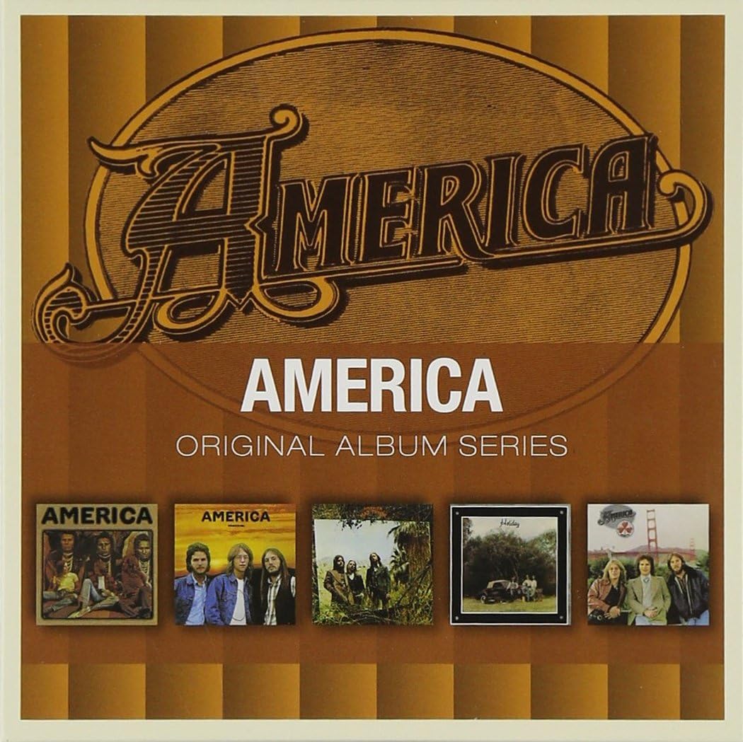 America Original Album Series compilation cover featuring a large stylized 'America' logo at the top, the title 'AMERICA' in white text, and five album covers displayed across a brown and gold striped background.