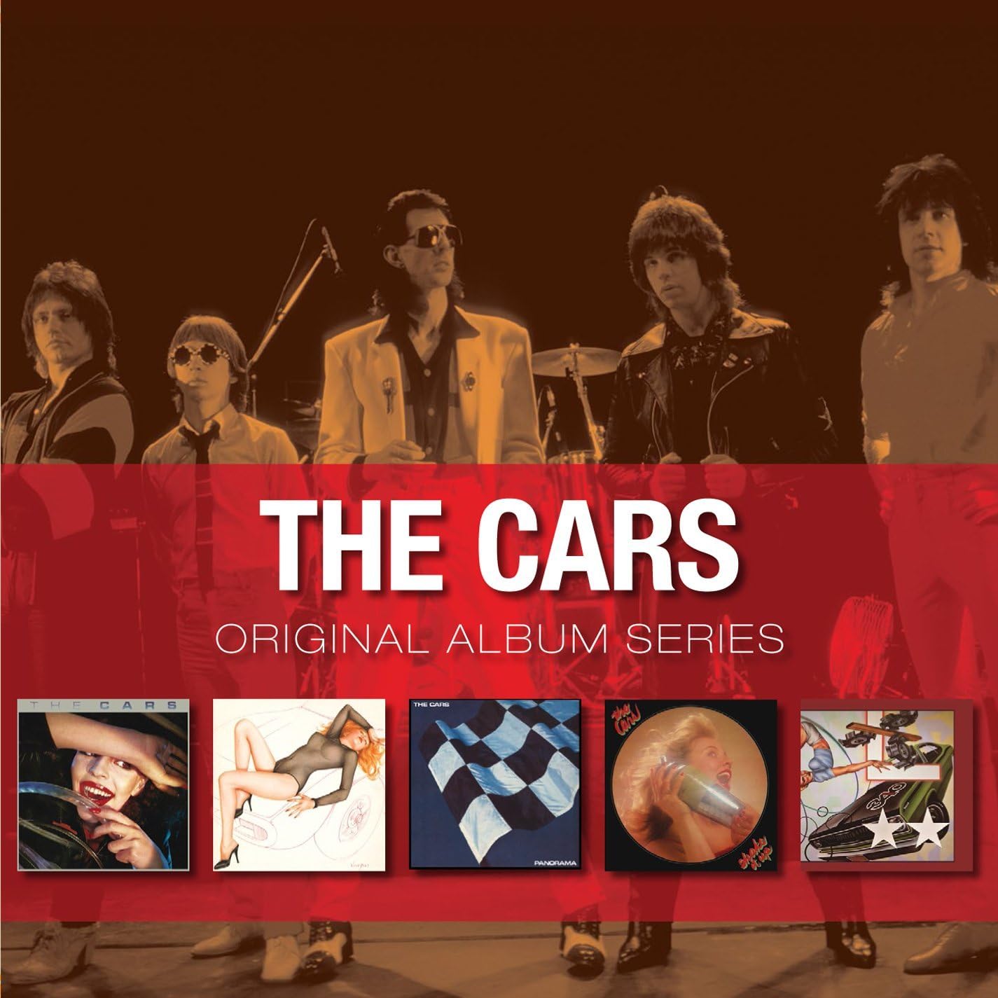 Album cover for 'The Cars' original album series with band members and album art.