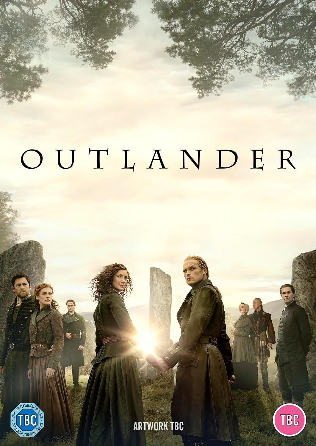 Promotional poster for 'Outlander' with characters in a scenic setting.