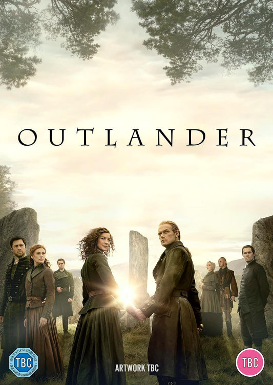 Promotional poster for 'Outlander' with characters in a scenic setting.