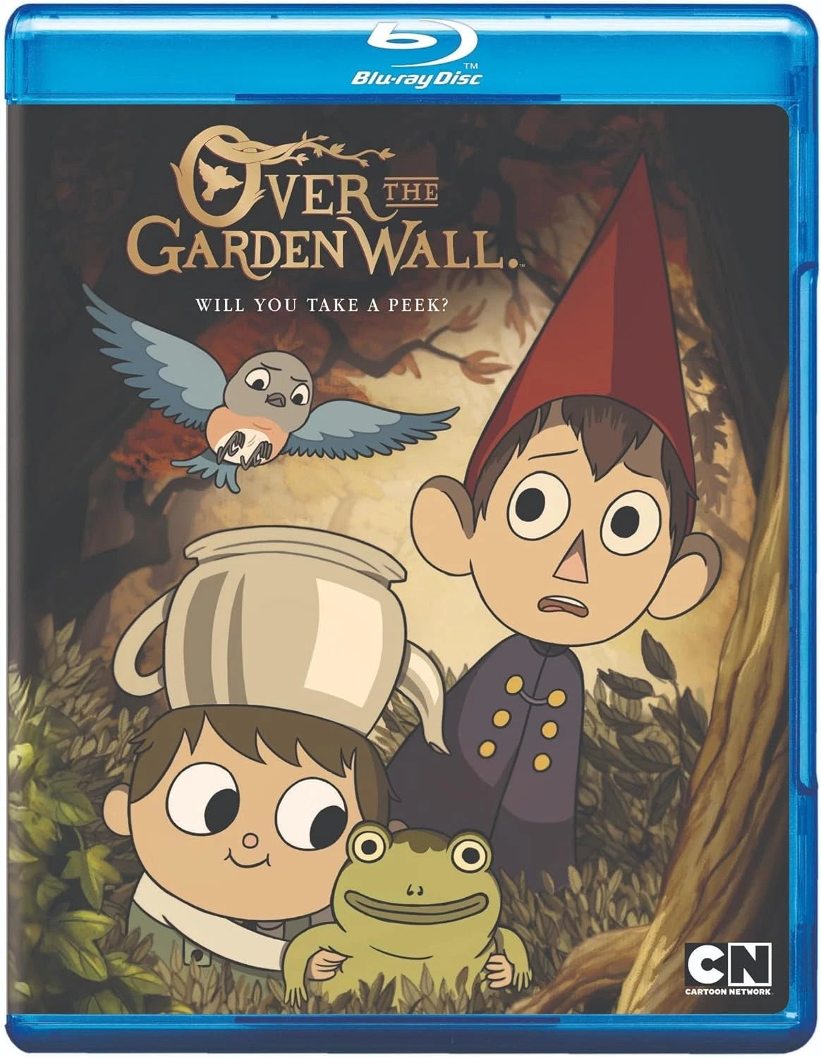 Front cover of the Blu-ray disc for the animated series 'Over the Garden Wall: Will You Take a Peek?'. The cover art features two children in a forest with a frog, a bird, and a pot, set against a blue Blu-ray case.