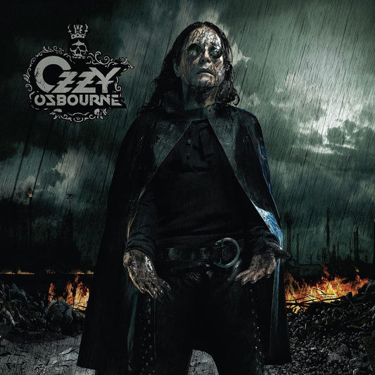 Vinyl sleeve-jacket featuring Ozzy Osbourne in a black outfit with a jacket, hat, and scarf, standing in a rain-soaked setting with a dark background. The background also features flames and a crown motif.