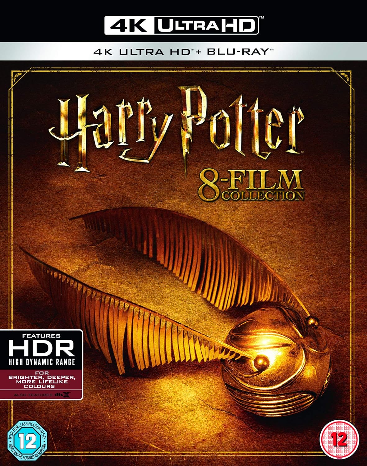 Cover of Warner Harry Potter: The Complete 8-film Collection Blu-ray set featuring the image of a golden snitch with a background resembling the Harry Potter series' iconic Hogwarts School of Witchcraft and Wizardry.