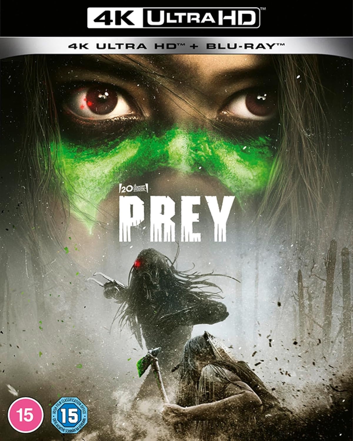 4K Ultra HD Blu-ray cover of the movie 'Prey' with a dark and eerie design.