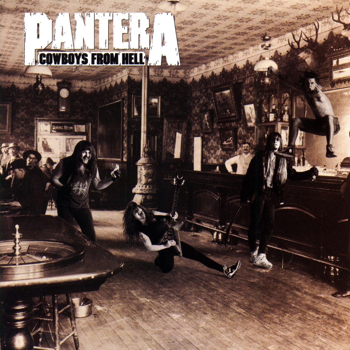 Pantera - Cowboys from Hell album cover featuring the band in a bar setting, with black and white photography.