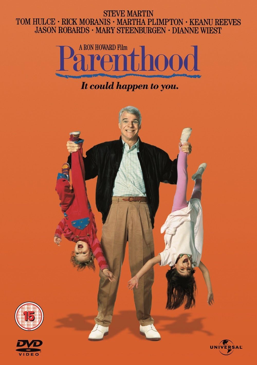DVD cover of 'Parenthood' movie with a man holding two children upside down against an orange background.