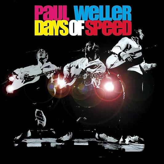 The cover image shows the artist name 'PAUL WELLER' in bold letters at the top, with the title 'DAYS OF SPEED' below it. In the background, there are three silhouettes of a man on guitar, a man on bass, and a man on drums, indicating the band members.