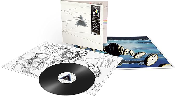 A vinyl record and its packaging, featuring a minimalist design with a dark color scheme and a graphic on the cover.