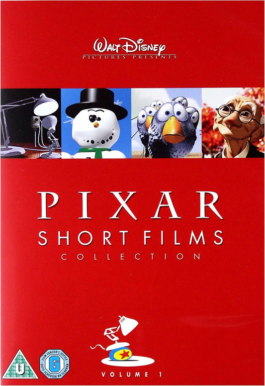 Walt Disney Pictures Presents Pixar Short Films Collection Volume 1 DVD cover, featuring a bright red background with the title in large white letters and a row of character stills across the upper section.
