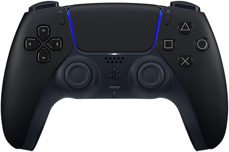 Black gaming controller with PlayStation logo on a white background