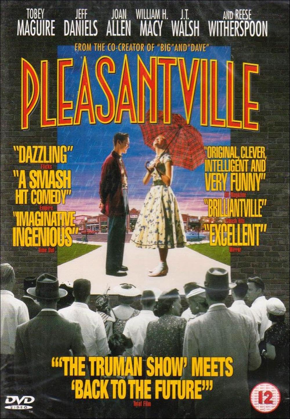 Movie poster for 'Pleasantville' with two people standing on a street corner.