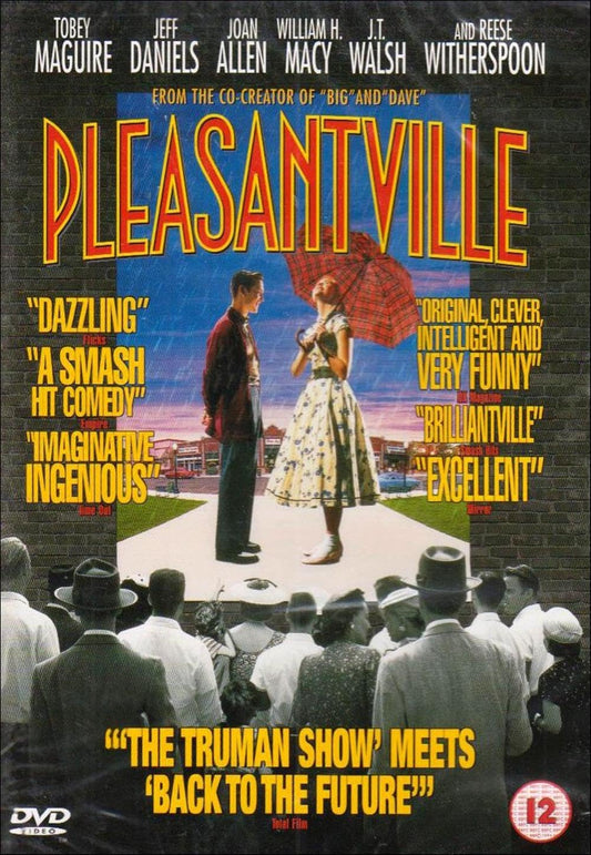 Movie poster for 'Pleasantville' with two people standing on a street corner.