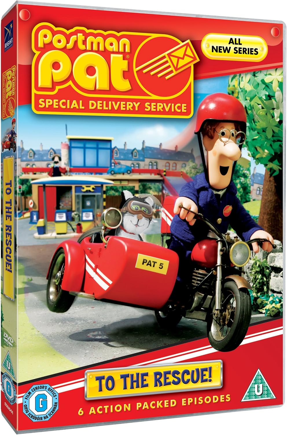 DVD cover for Postman Pat: Special Delivery Service, showing Postman Pat riding a red motorcycle with a sidecar and a cat passenger, with the title 'To the Rescue!' and 'All New Series' text.