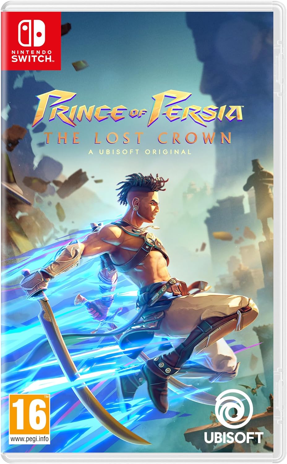 A cover image for the Nintendo Switch game 'Prince of Persia: The Lost Crown', featuring a character in a dynamic pose with a blue, ethereal background.