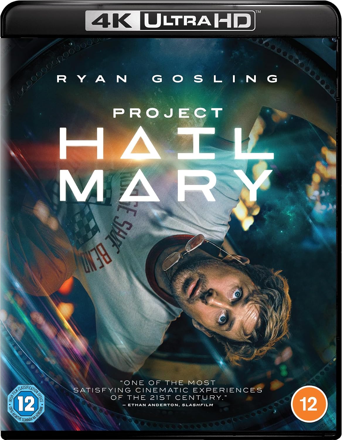 4K Ultra HD movie cover for 'Project Hail Mary' starring Ryan Gosling, with a dark sci-fi design, large white title text, and age rating badges in the corners.