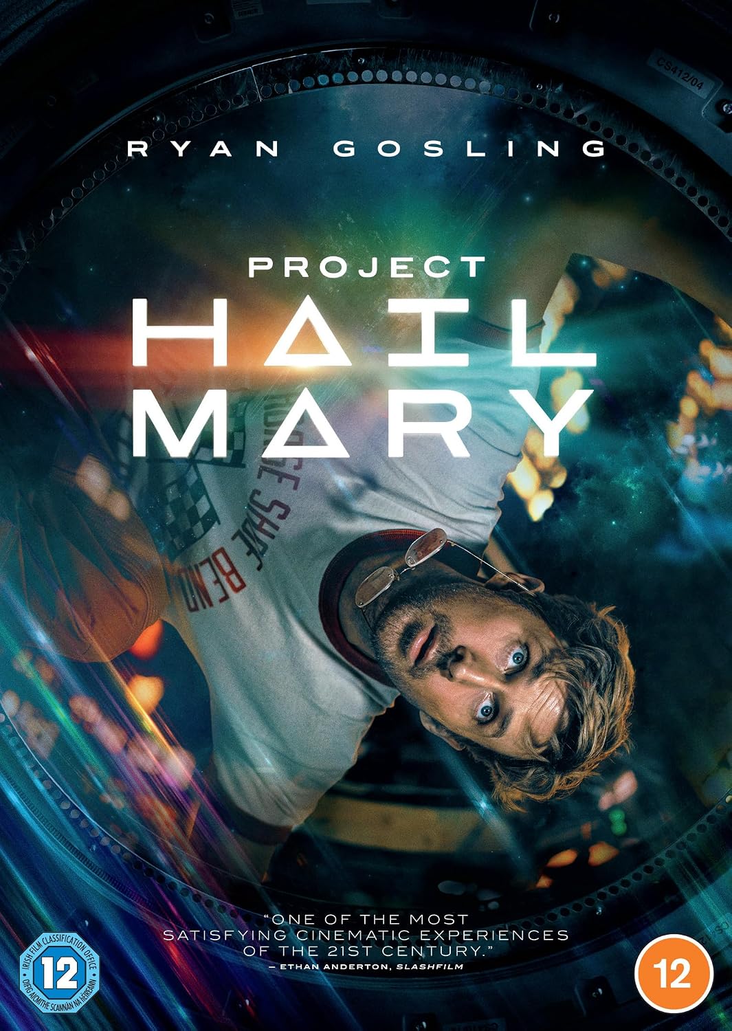 Movie poster for 'Project Hail Mary' featuring Ryan Gosling in a white astronaut suit, viewed through a circular space portal with blue and orange light effects. The title 'PROJECT HAIL MARY' is displayed in large white letters, with Ryan Gosling's name at the top and a 12 age rating badge at the bottom left.