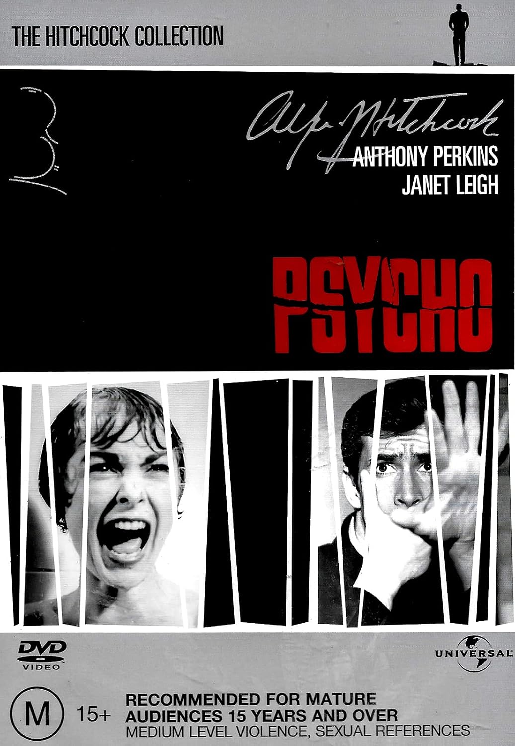 DVD cover of 'Psycho' with black and white images and red text, featuring Alfred Hitchcock's signature.