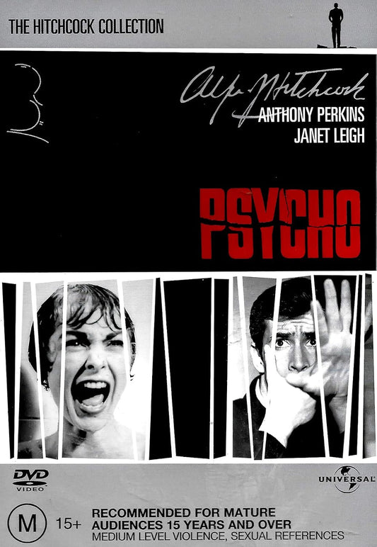 DVD cover of 'Psycho' with black and white images and red text, featuring Alfred Hitchcock's signature.