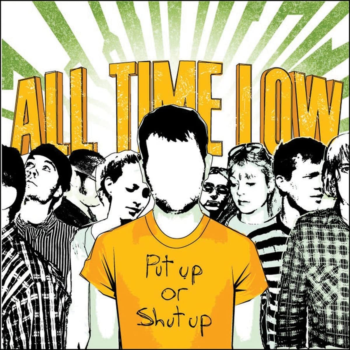 Album cover for 'All Time Low' with a person wearing a yellow shirt with text, surrounded by other people.