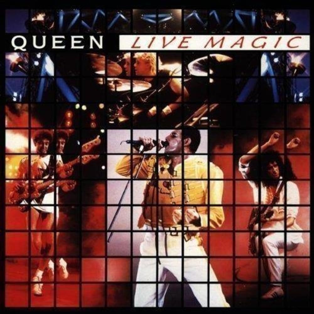 Album cover for 'Live Magic' by Queen with grid of concert images.
