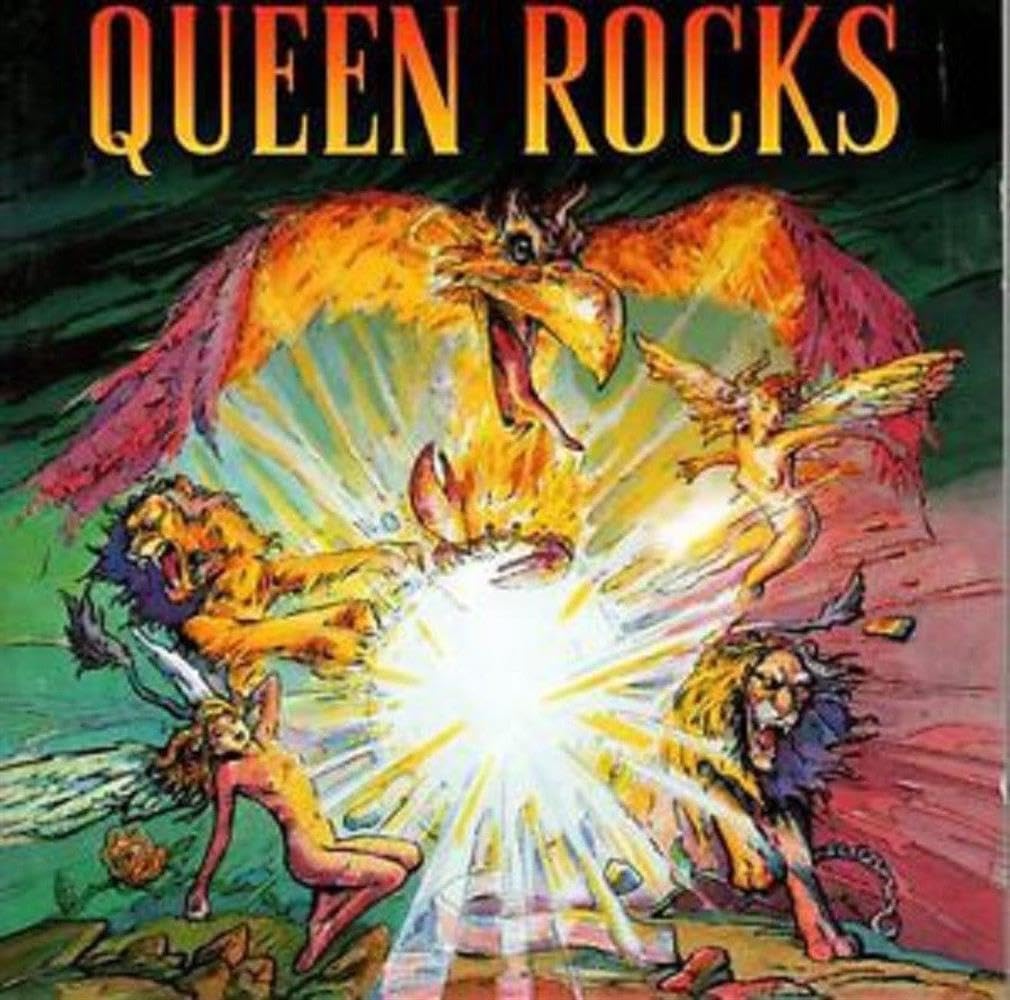 Album cover with colorful illustration of mythical creatures and 'QUEEN ROCKS' text at the top.