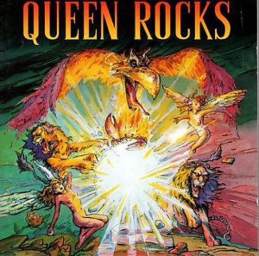 Album cover with colorful illustration of mythical creatures and 'QUEEN ROCKS' text at the top.