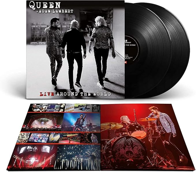A vinyl record titled 'QUEEN ADAM LAMBERT LIVE AROUND THE WORLD' with a black label showcasing images from Queen's concerts.