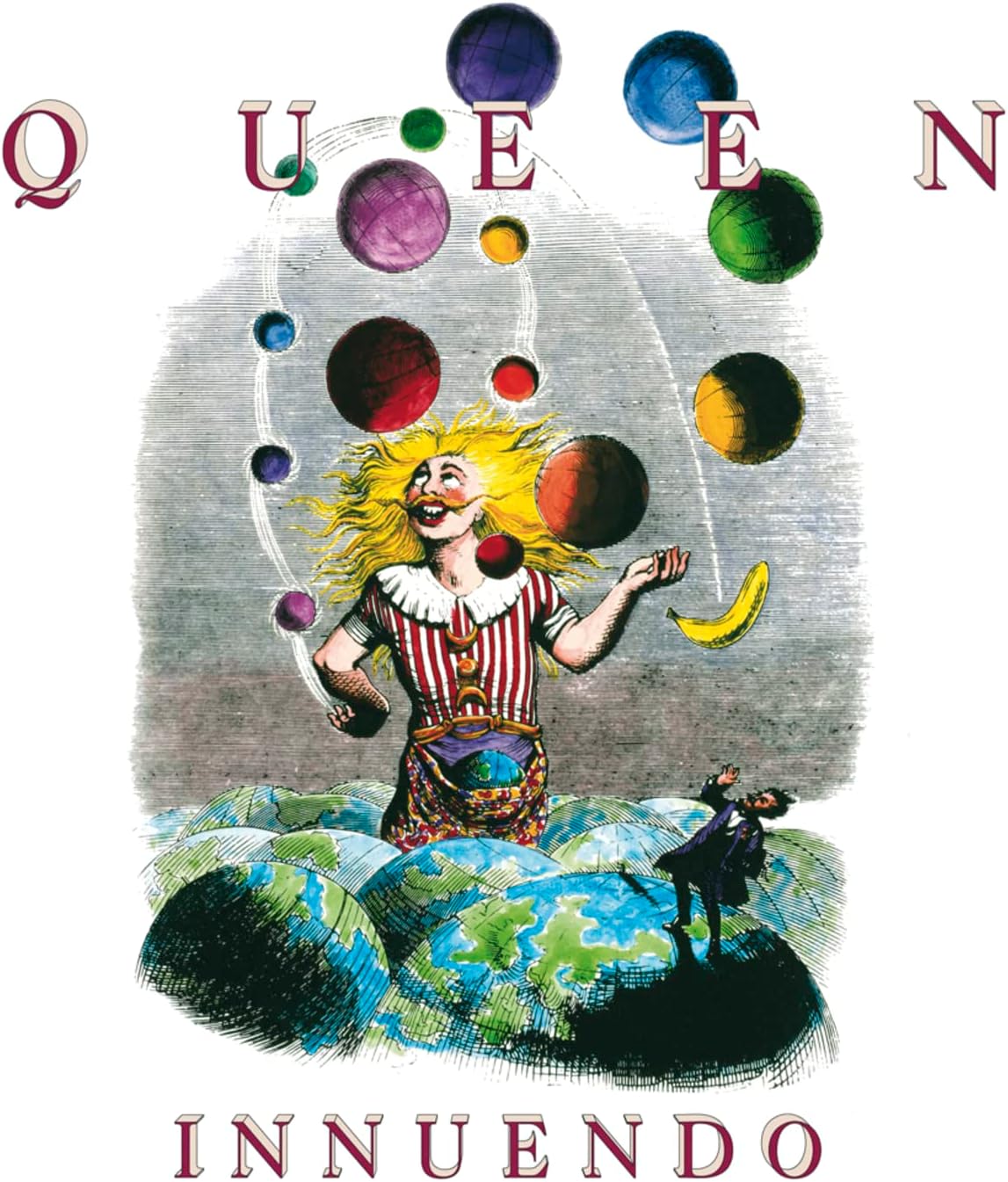 Album cover art for 'Queen Innuendo' featuring a stylized illustration of a woman with a balloon, surrounded by other colorful balloons against a globe background, with the album title and tracklisting below.