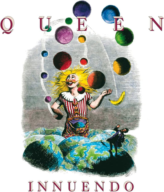 Album cover art for 'Queen Innuendo' featuring a stylized illustration of a woman with a balloon, surrounded by other colorful balloons against a globe background, with the album title and tracklisting below.