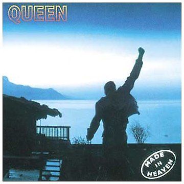 Audio CD cover of Queen's 'Made In Heaven' album featuring a silhouette of a person with a raised fist against a backdrop of a calm lake and mountains.