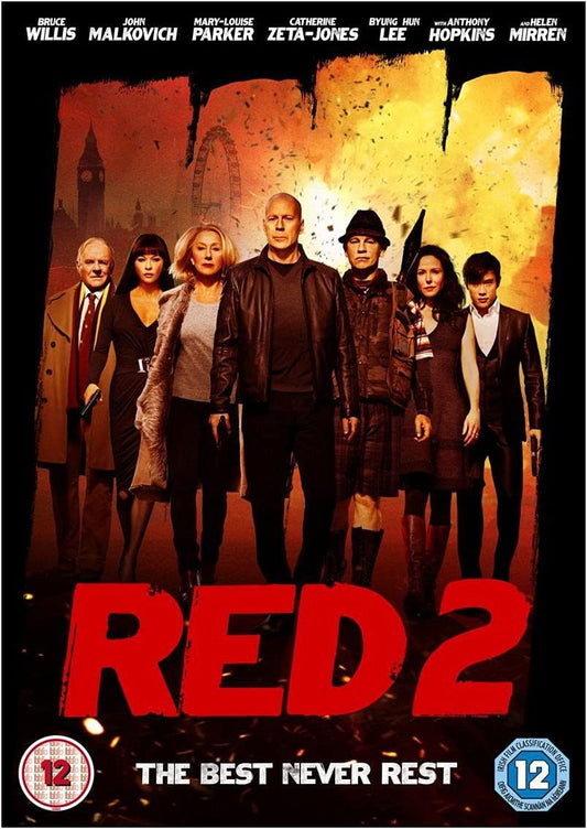 Movie poster for 'Red 2' featuring a group of characters against a fiery background.