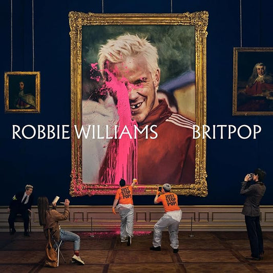 Album cover with a large framed portrait of a man, pink paint splashes, and text 'Robbie Williams Britpop' in a room setting.