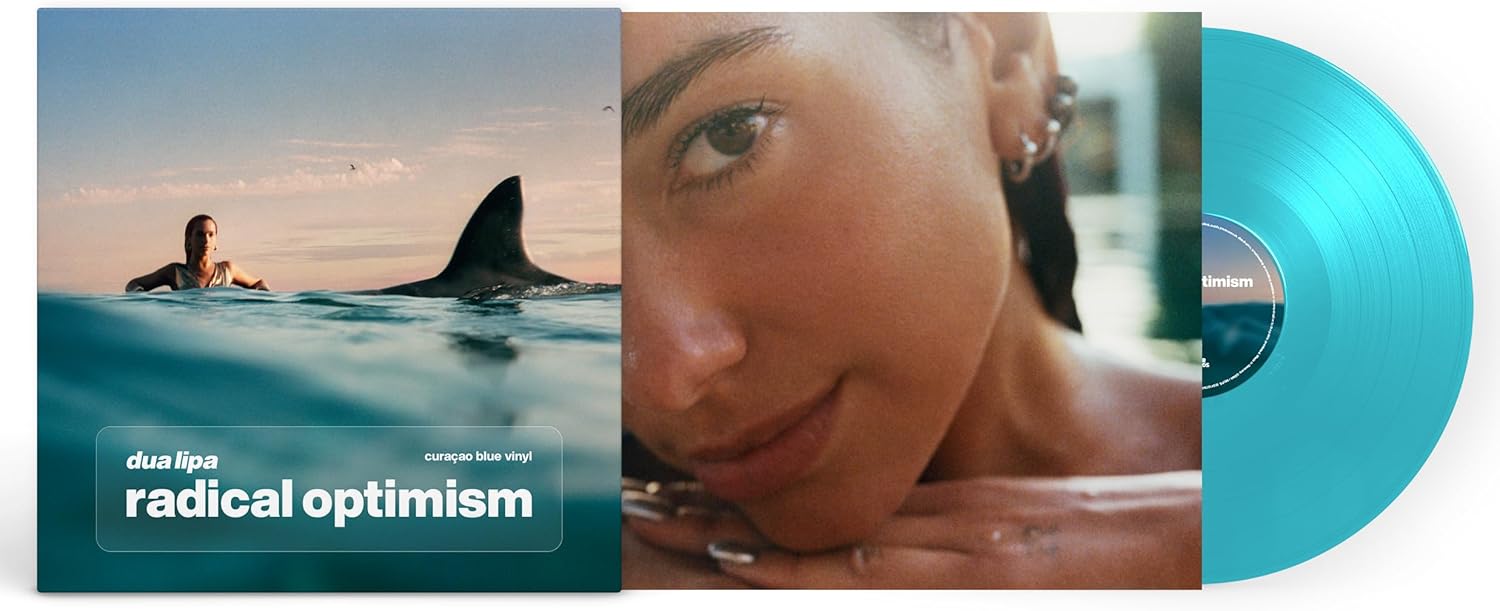 Vinyl record with cover art featuring a person, shark, and ocean.
