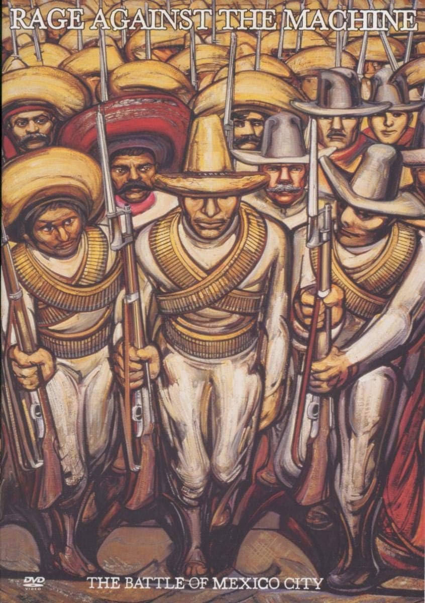 Album cover art for Rage Against the Machine's 'The Battle of Mexico City', featuring a stylized illustration of a marching group of soldiers in yellow and white uniforms holding rifles.