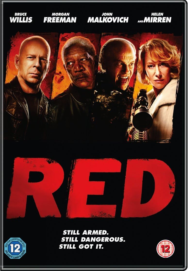 Movie poster for 'RED' featuring four actors with a red and black color scheme.