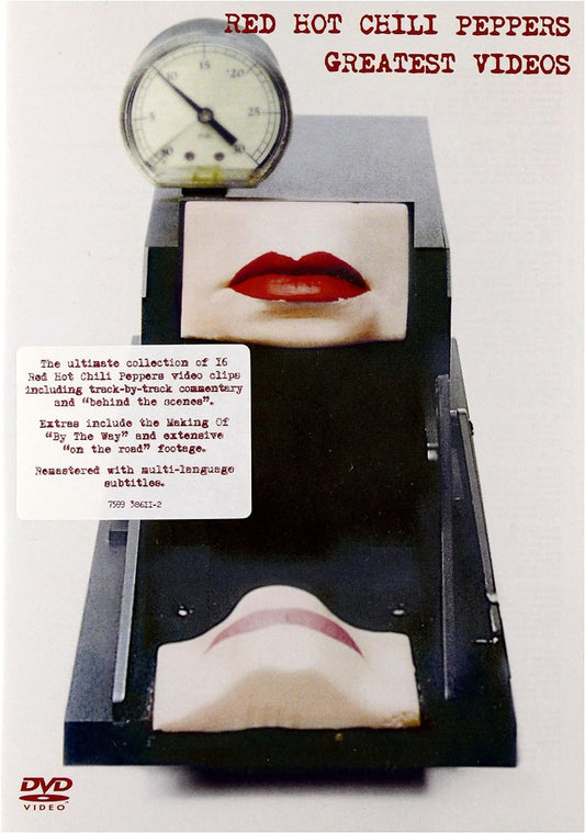 DVD cover featuring a close-up of a woman's face with red lipstick, set against a grey background, with text detailing the Red Hot Chili Peppers DVD collection.