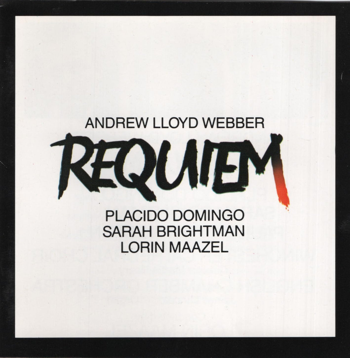 Album cover for Andrew Lloyd Webber's Requiem, featuring black text on a white background with a black border. The title 'REQUIEM' is written in a large, brush-stroke style font with a red accent on the letter 'm'.